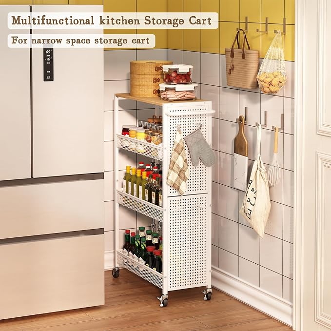 Utility Slim Storage Cart 4 Tier Small Rolling Kitchen Laundry Room Organization Cart with Wood Top Metal Narrow Laundry Room Shelves Cabinet Unit Laundry Organizer Trolley with Handle for Small space
