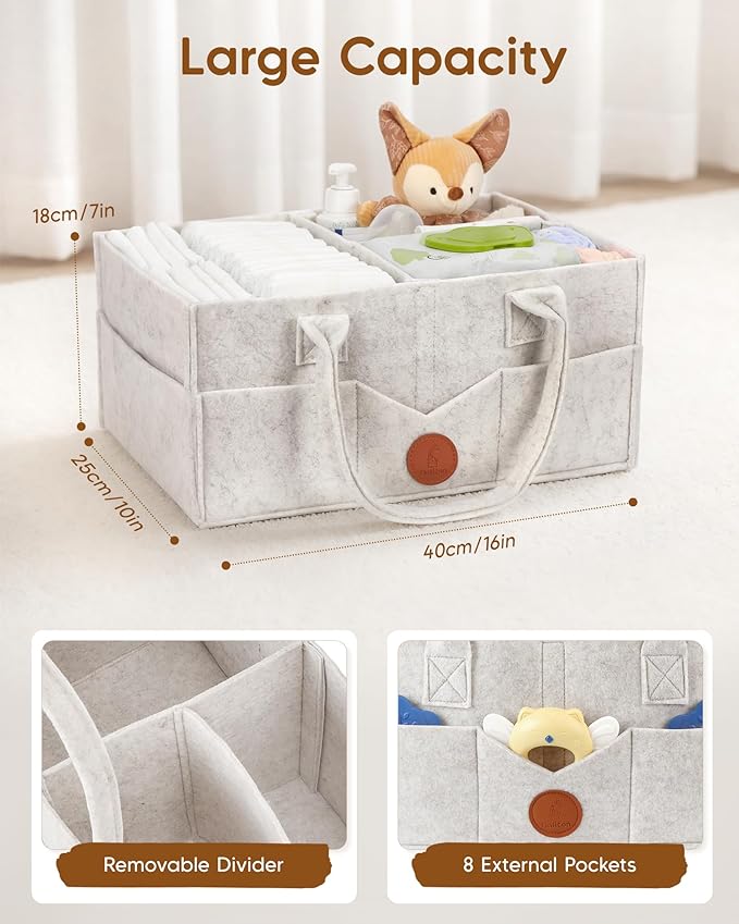 Maliton Diaper Caddy Organizer, Car Organizer with Handle, Felt Diaper Caddy for Baby Nursery Storage, Changing Table Organizer for Baby Stuff, 16" x 10" x 7" Baby Shower Gifts for Newborn (White)