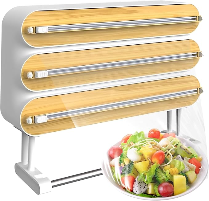 4in1 Plastic Wrap Dispenser with Cutter Aluminum Foil Organizer Wrapping Paper Storage and Kitchen Towel Holder Ideal for Kitchen Organization and Countertop Space Saving