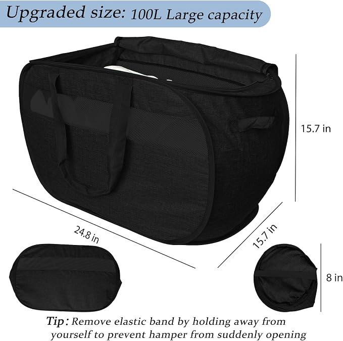 100L Extra Large Mesh Pop Up Laundry Hamper with Lid & Handles 2 Pack, XL Foldable Dirty Clothes Basket for Home Dorm Closet Storage, Portable Laundry Bin, Black. 2H