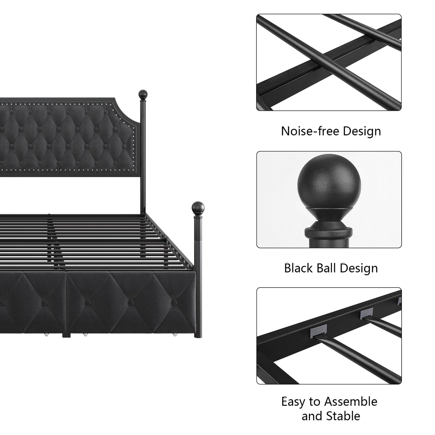 Keyluv Full Upholstered Canopy Bed Frame with 2 Storage Drawers & Button Tufted Headboard, Metal Platform Bed with 4 Removable Posts, Two-Purpose Velvet Bed, Dark Grey/Curtain Not Included