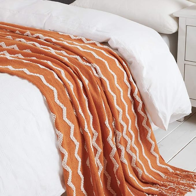 BOURINA Fluffy Chenille Knitted Fringe Throw Blanket Lightweight Soft Cozy for Bed Sofa Chair Throw Blankets, Orange 60"x80"