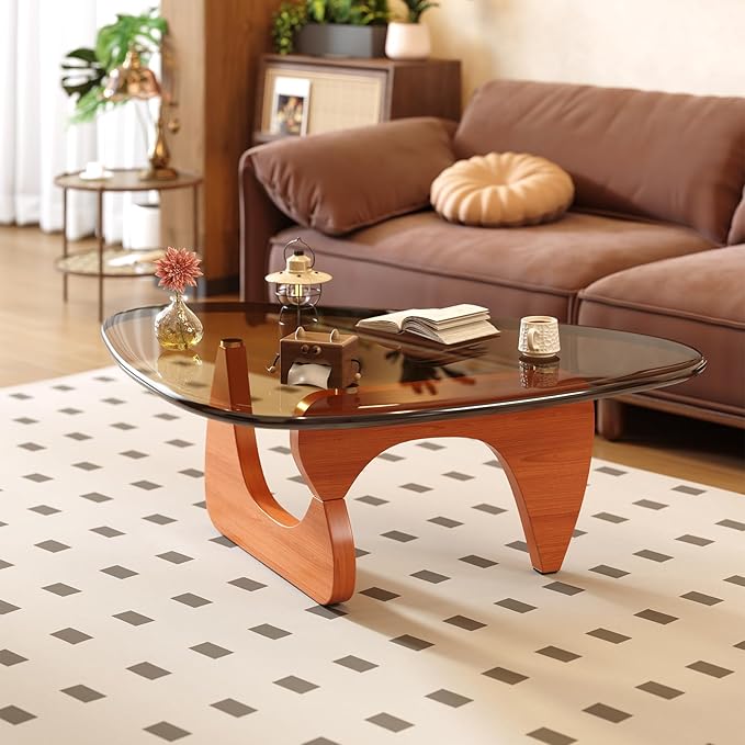Coffee Table for Living Room Mid Century Modern Center Small Table with Glass Top and Wood, Walnut Brown(32 Inch)