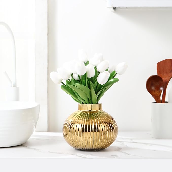 Gold Glass Vase, Flower Vases for Bouquet, Ribbed Glass Vases for Flowers, Small Gold Vase for Living Room, Office, Coffee Table, Shelf, Wedding, 6 Inches