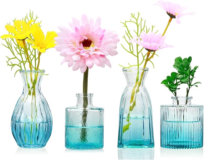 Mapoxy Glass Bud Vases Set of 4,Blue Small Flower Vases for Wedding Centerpiece Table Decorations,Clear Vintage Embossed Mini Vases,Flower Arrangements in Vases for Party or Home Decor