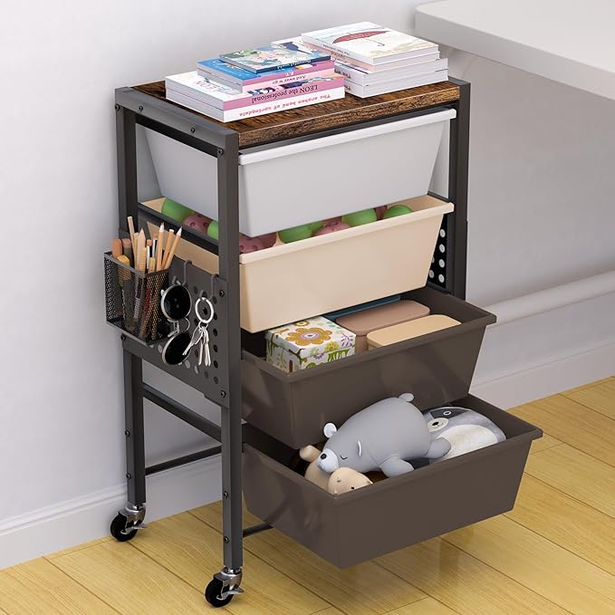 Rolling Cart with Drawers, Rolling Storage Cart with Large Plastic Drawers & Wooden Tabletop, Utility Cart with Pegboards & Basket, Storage Drawers Cart for Living Room, Classroom, Bedroom, Office