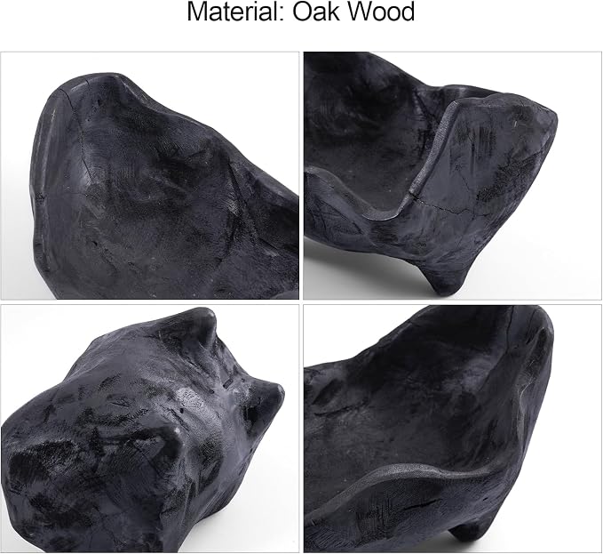 DN DECONATION Oak Wood Black Decorative Bowl-9.25x5.51 Inch Small Bowl for Entryway Key, Fruit, Candy with feet, Boho Farmhouse Home Decor for Dining Room, Coffee Table Centerpiece