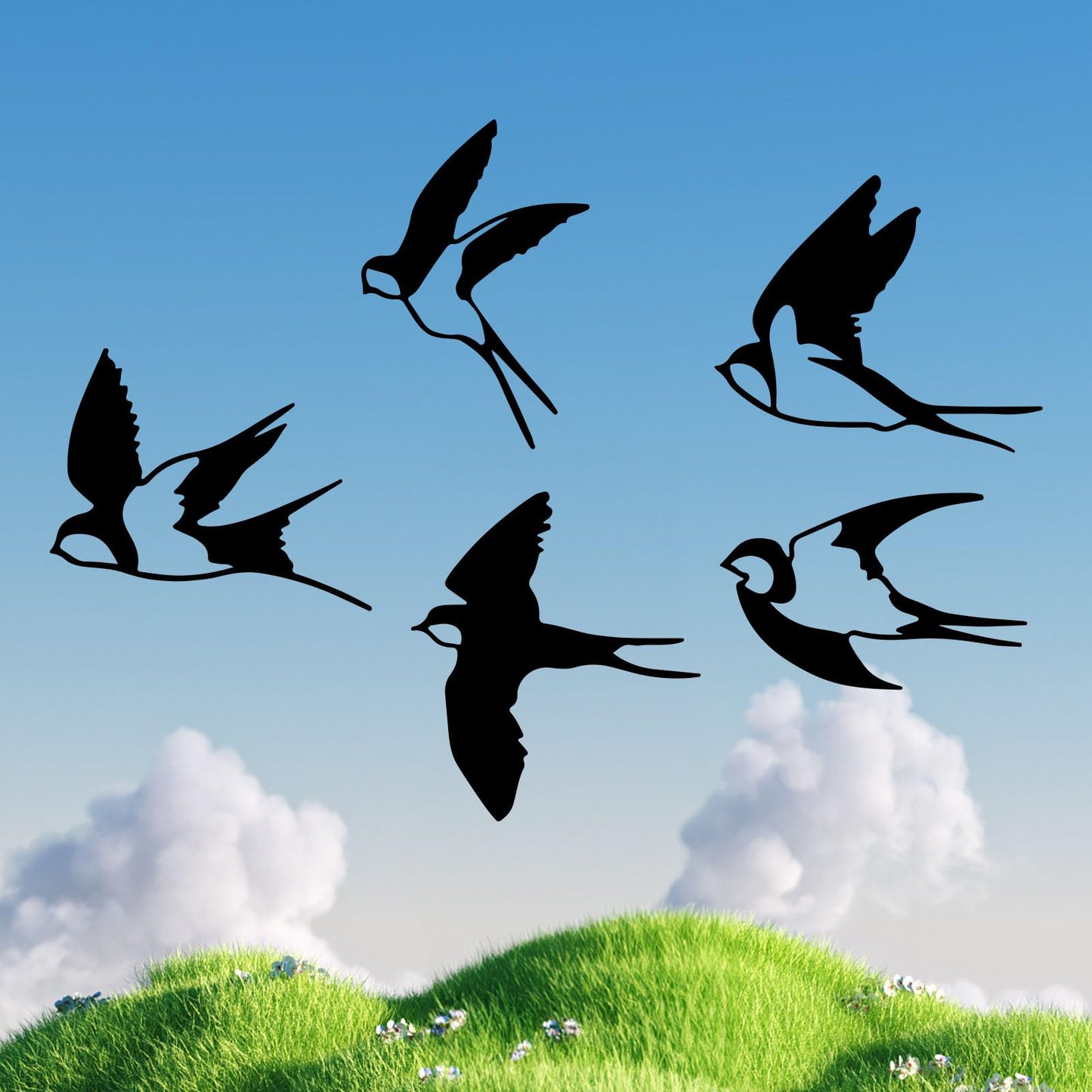 ESTART Birds Metal Wall Decor, 5 Pcs Black Birds Metal Wall Art Outdoor Hanging Decorative Bird Wall Sculpture for Home Kitchen Patio Bedroom Living Room Bathroom Garden