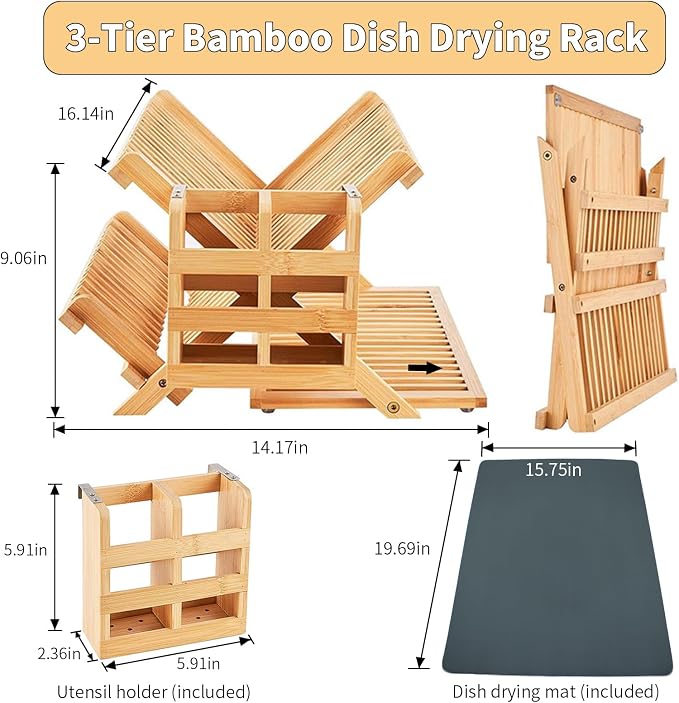 YZHDUXIU Bamboo Dish Drying Rack with Utensil Holder, 3 Tier Collapsible Dish Rack, Large Dish Racks for Kitchen Counter, Wooden Folding Dish Drainer with Dish Drying Mat (3 Tier (with Drying Mat))