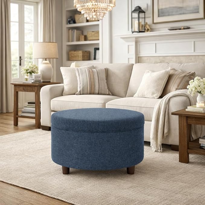 HomePop Round Storage Ottoman - Textured Navy