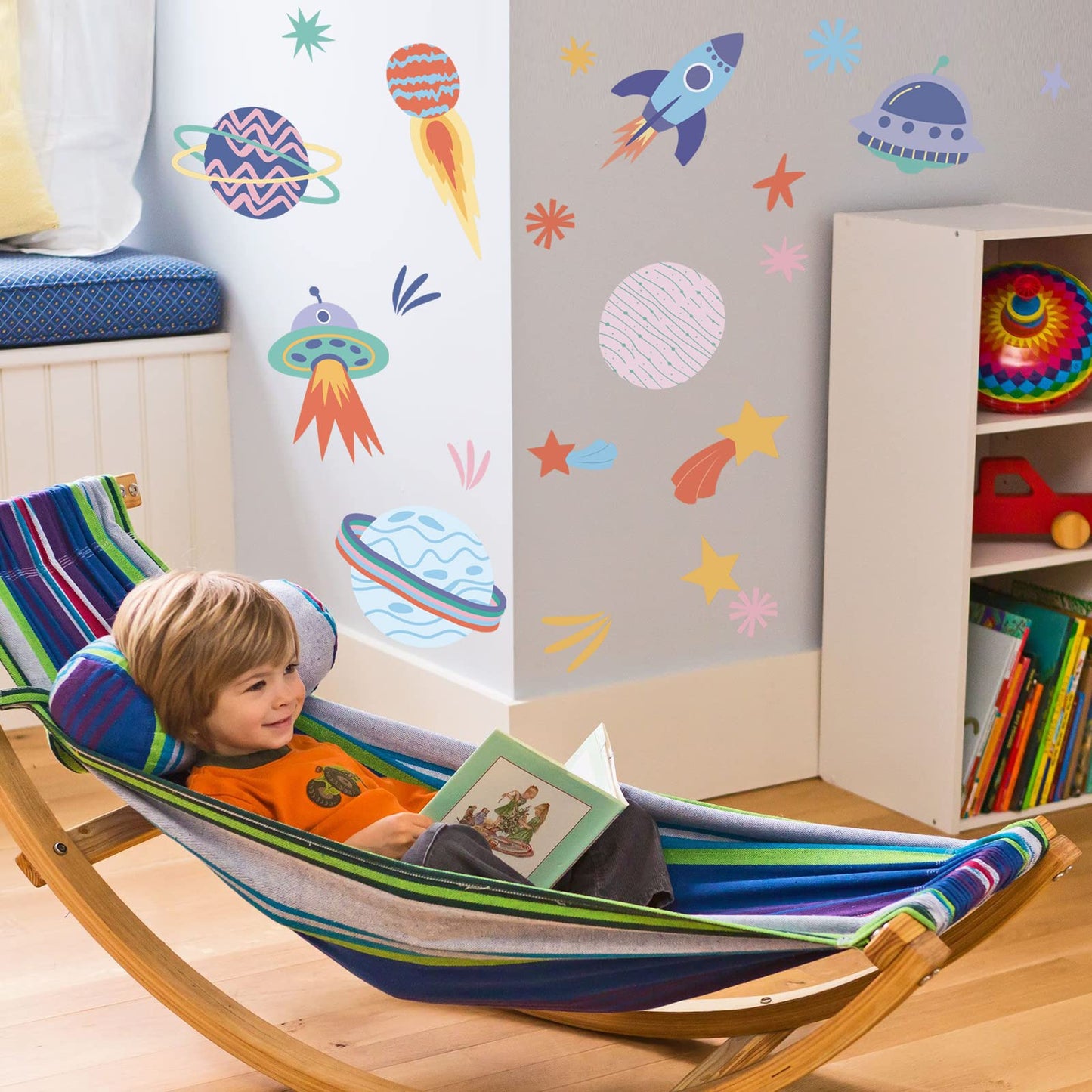 Solar System Galaxy Space Wall Decals Peel and Stick - Rocket Spaceship Star Planets Wall Stickers Removable Vinyl Decals - Aerospace Outer Space Wall Decor for Nursery Playroom Boys Bedroom Kids Room