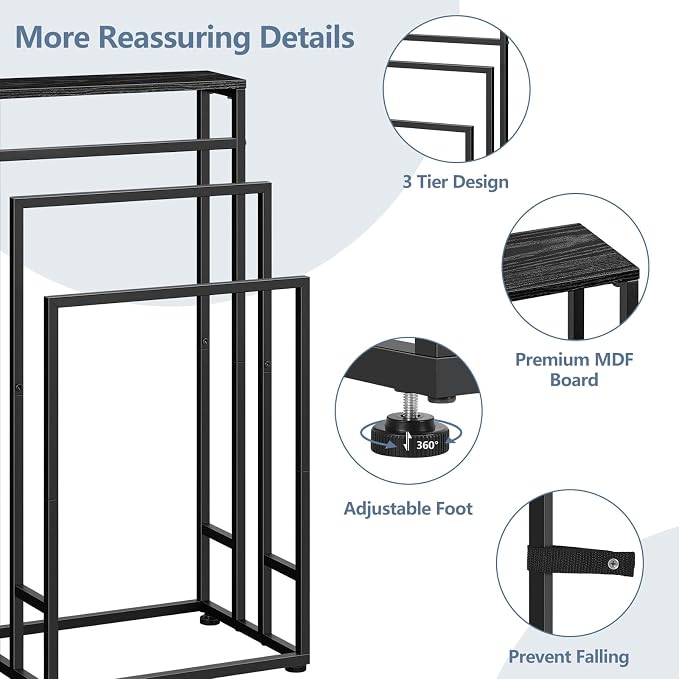 Freestanding Towel Rack for Bathroom 3 Tier Metal Floor Towel Stand Industrial Blanket Ladder Holder with Storage Shelf for Bedroom Living Room, Black