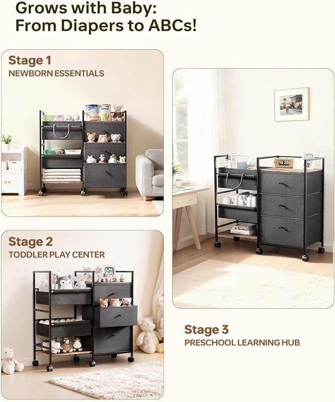 2-in-1 Baby Diaper Caddy Organizer and Storage-3 Tier Rolling Baby Cart with Dividers and Drawers, Baby Essentials for Nursery Storage, Mobile Utility Cart with Wheels Large Capacity Easy To Assemble