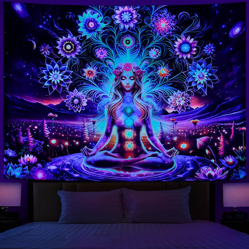 Dermijer Blacklight Seven Chakra Yoga Meditation Tapestry Flower Chakra Tapestries Galaxy Space Planet Tapestry UV Reactive Lotus Spiritual Tapestries Wall Hanging for Home Decor 59.1L x 51.2W
