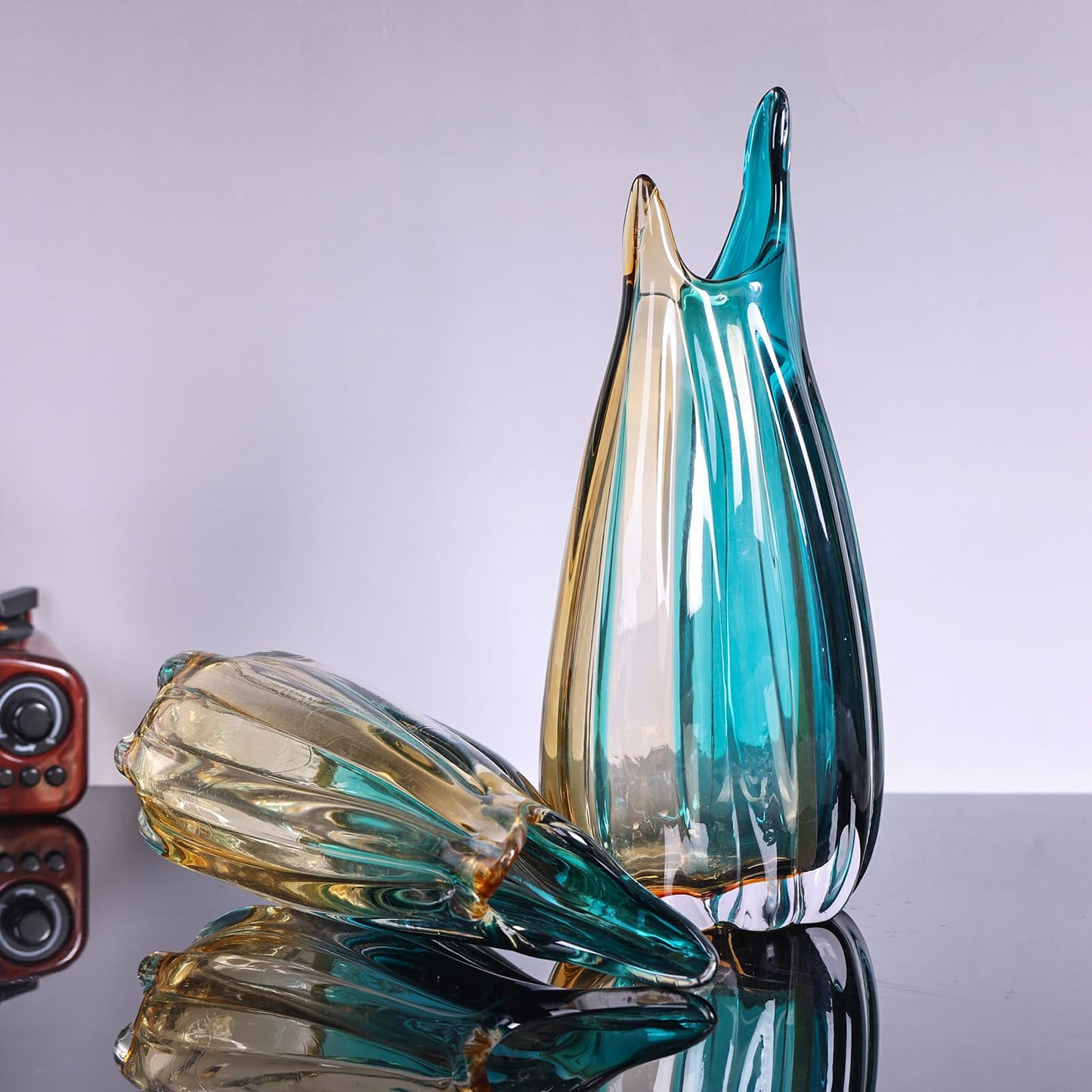 Hand Blown Glass Flower vases,Unique Wide-Mouth Vase,Modern Turquoise Glass Art Decor,for Home Living Room, Office, Table centerpieces, Bookshelves and Wedding Decorations (9.8inch H)