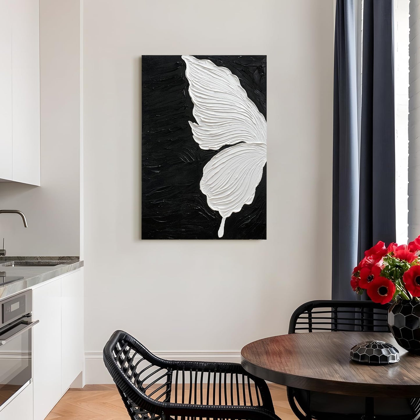 JUHOME Abstract Butterfly Canvas Wall Art – 24x36 Original Hand-Painted Black &White Textured Butterfly Wing Oil Painting on Black Canvas, Modern Minimalist Vertical Wall Decor for Living Room Bedroom