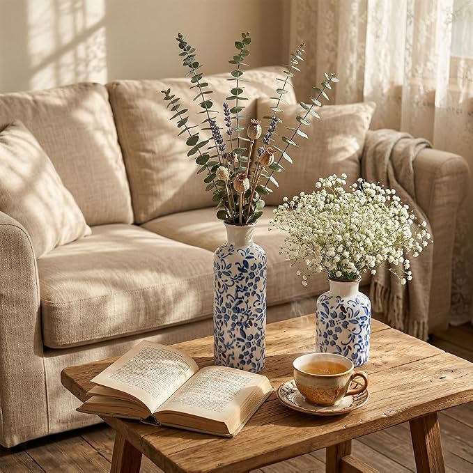 Chinoiserie Decor Ceramic Vases Set - 3 Blue and White Vase, Chinoiserie Vase Farmhouse Country, Flower Vases Home Decor, Living Room Decoration, Entrance, Fireplace, Table Decoration, Centerpieces