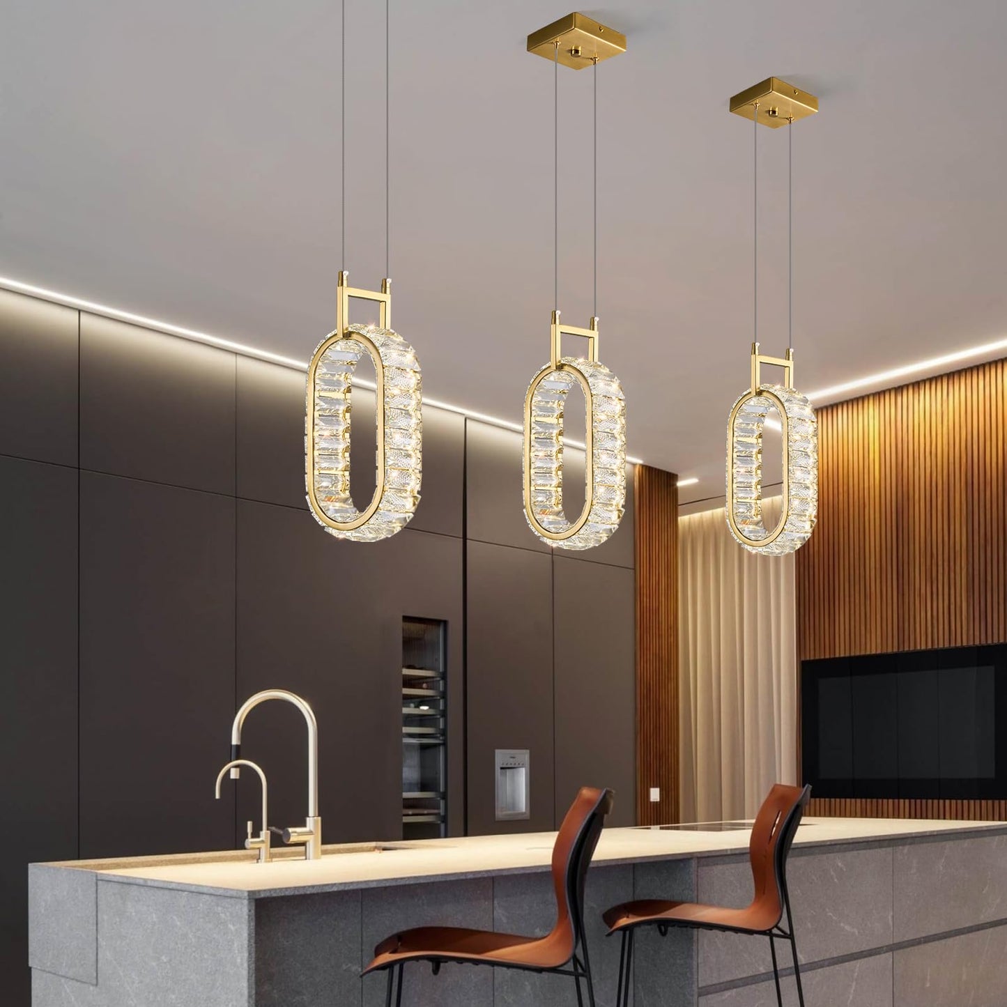 zhllmq Kitchen Island Mini Light Fixture Modern Led Crystal Pendant Light Gold Oval Chandelier for Dining Room Living Room Kitchen Bedroom Bar（1-Pack