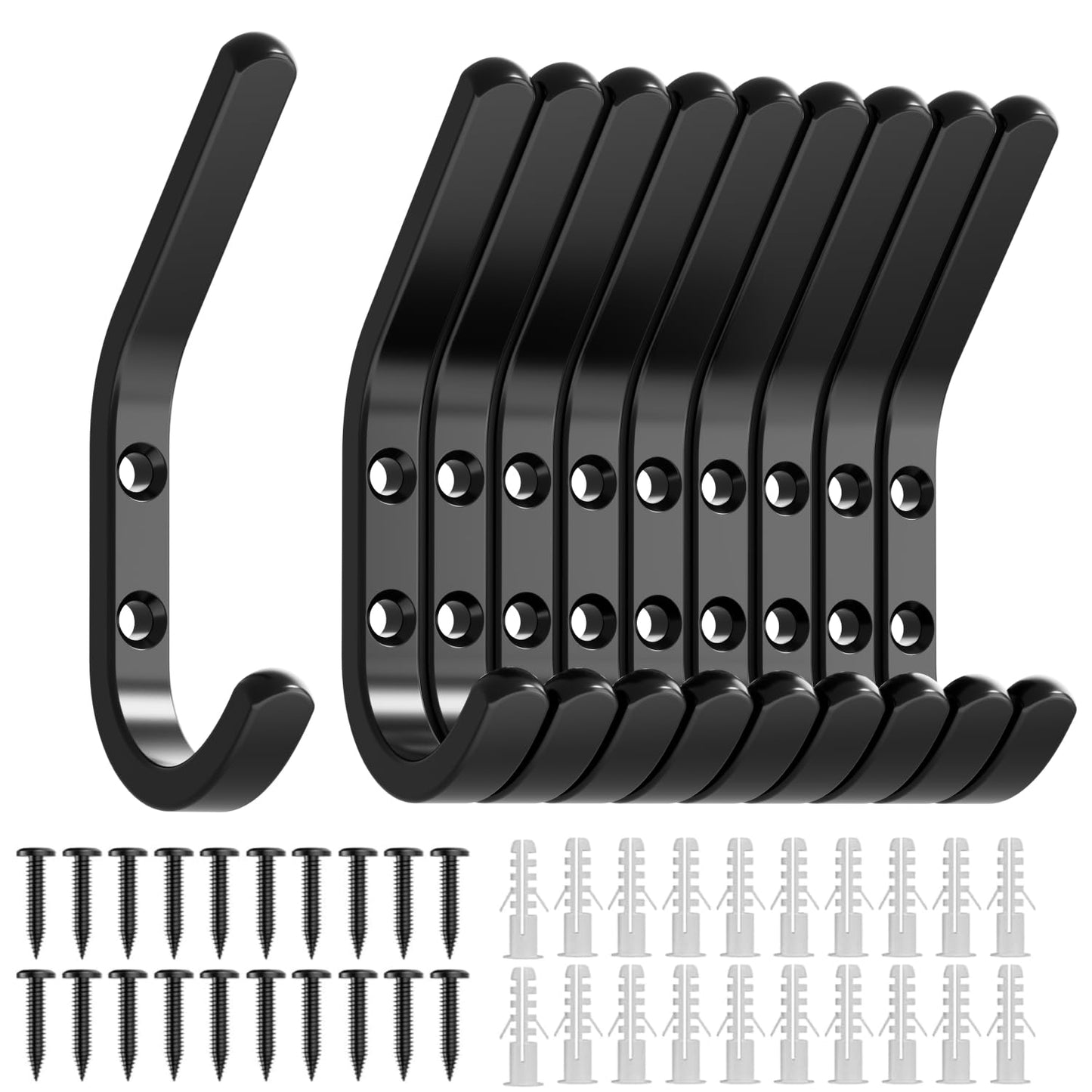 GWAAZXGZ Wall Hooks for Hanging Coats - 10 Pack Black 3.2'' Double Hook Design, Hat Organizers, Wall Mount Hangers for Bags and Keys, Perfect for Garage, Workshop, Entryway, Closet, and DIY Projects