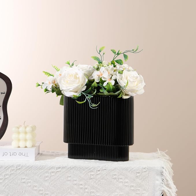Ribbed Vase, Black Glass Vase for Flowers, Black Flower Vases for Tulips, Modern Vases for Living Room, Dining Table, Office, Bedroom, Mantle, Shelf, Wedding, 7 Inch