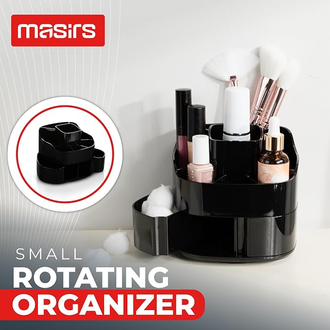 Masirs 360° Rotating Makeup Organizer for Vanity – Small Acrylic Cosmetic Storage Caddy with 5 Compartments, Mini Lazy Susan Turntable for Bathroom Counter, Skincare, Perfume, Brushes, Black