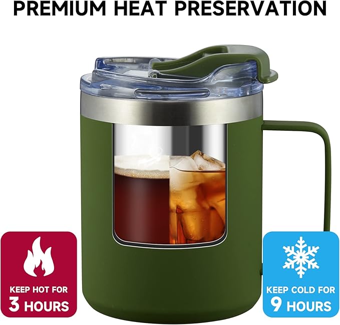 12oz Insulated Coffee Mug Cup with Handle, Stainless Steel Travel Coffee Mug with Flip Lid, Double Wall Vacuum Coffee Tumbler, ArmyGreen