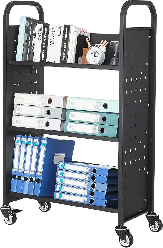 VEVOR Rolling Library Book Cart, 330 lbs Capacity, 30.3 x 15 x 48.0-Inch Library Cart, Single Sided V-Shaped Shelves with 3-Inch Lockable Wheels, Book Truck for Home Shelves Office and School, Black