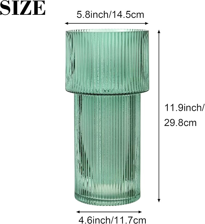 Large Glass Vase, 12 Inches Tall Vase for Flowers, Green Flower Vases for Bouquet, Modern Green Glass Vases for Living Room, Dining Table, Office, Entryway, Mantle, Shelf, Wedding Gifts