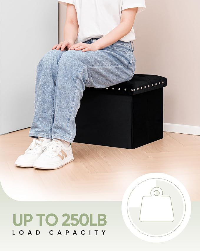 B FSOBEIIALEO Storage Ottoman Cube Folding Tufted Ottomans, Storage Boxes Footrest for Bedroom, Luxury Velvet Fabric 16.5 * 12.6 * 12.6 Inches Black