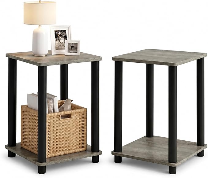 Furinno Turn-N-Tube Toolless Assembly Side Table Set of 2, Stackable 2-Tier Grey End Table with Open Shelf, Night Stand, Bedside Table, for Living Room, Bedroom, Grey Oak