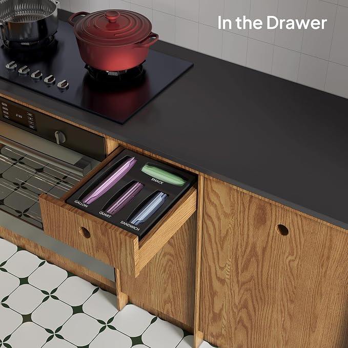 Aquiver Acrylic Bags Organizer - Baggie Bags Drawer Organizer & Plastic Food Storage Bags Holder - Compatible with Gallon, Quart, Sandwich, Snap, Freezer, Slider Bags (Black)