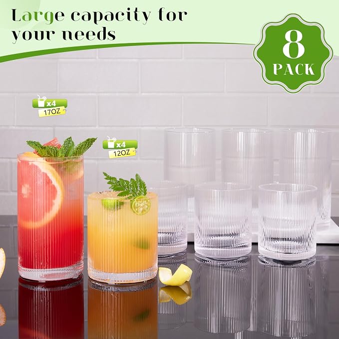 Ribbed Glass Cups Set of 8 - 4 Large Capacity Highball Glasses 17oz, 4 Rocks Glass Cups 12oz, Cocktail Glasses, Drinking Glasses Ideal for Beer, Juice, Water, Ice Coffee Cup, Whiskey, Mixed Drinkware