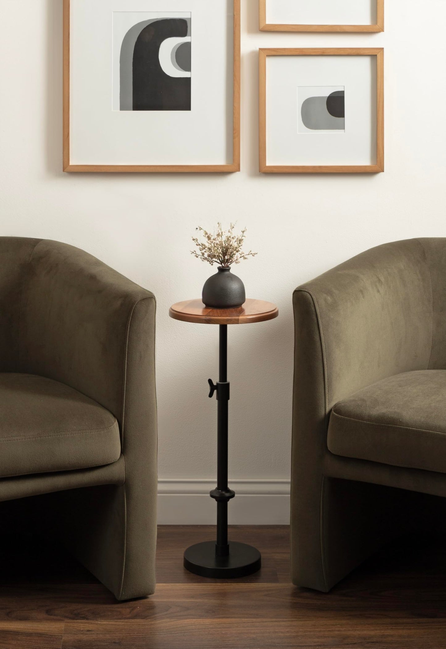 Kate and Laurel Engles Modern Adjustable-Height Pedestal Drink Table, 10 x 10 x 30, Natural Wood and Black, Transitional Round Indoor Metal Plant Stand with Solid Wood Tabletop