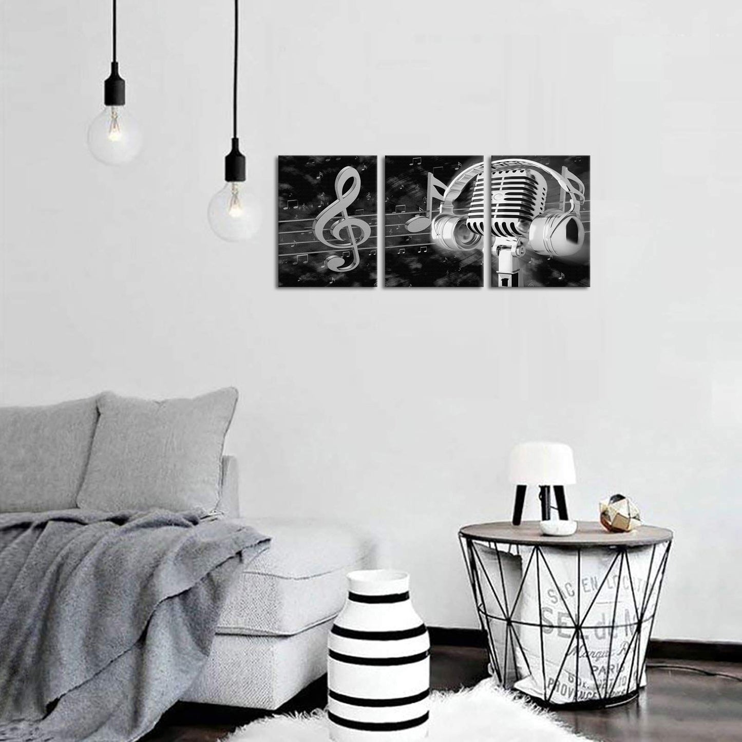 Biuteawal Music Artistic Paintings Wall Art Black White Microphone and Headset Note Picture Canvas Giclee Print Modern Home Studio Bedroom Decor Stretched and Framed Ready to Hang