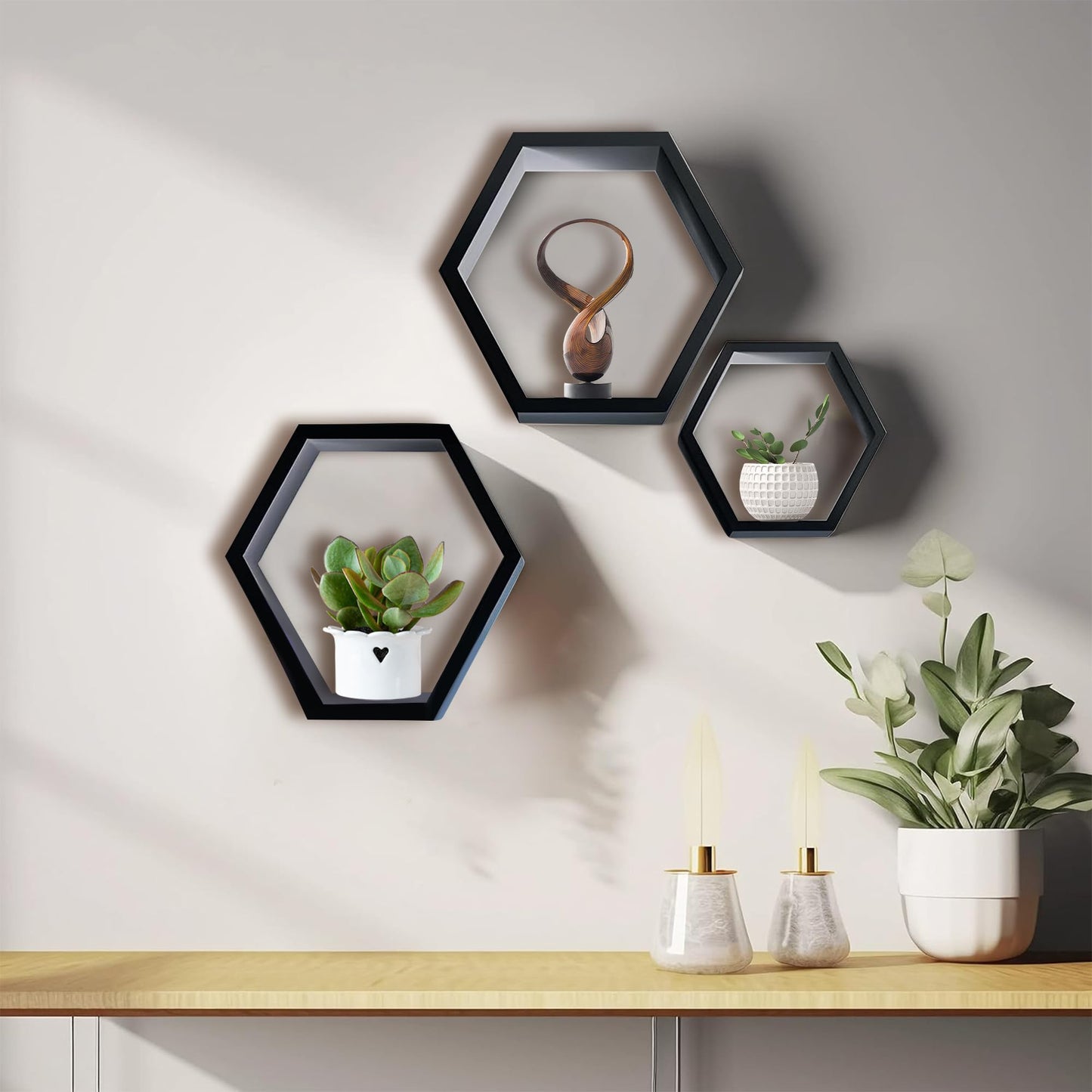 DD DEFINED DECO Set of 3 Pine Wood Hexagon Shelves for Wall Decor,Wall Mounted Floating Shelves,Farmhouse Honeycomb Living Room,Hanging Rustic Shelf Racks Bedroom,Nursery, Black, (B2C230007-3SET)