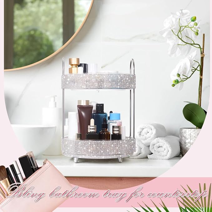 Honeydak 360 Rotating Perfume Organizer Gift for Women, Rhinestone Preppy Skincare Organizer Bathroom Counter Makeup Holder Skincare and Perfume Storage for Cosmetic(2 Tiers,Rhinestone,White)