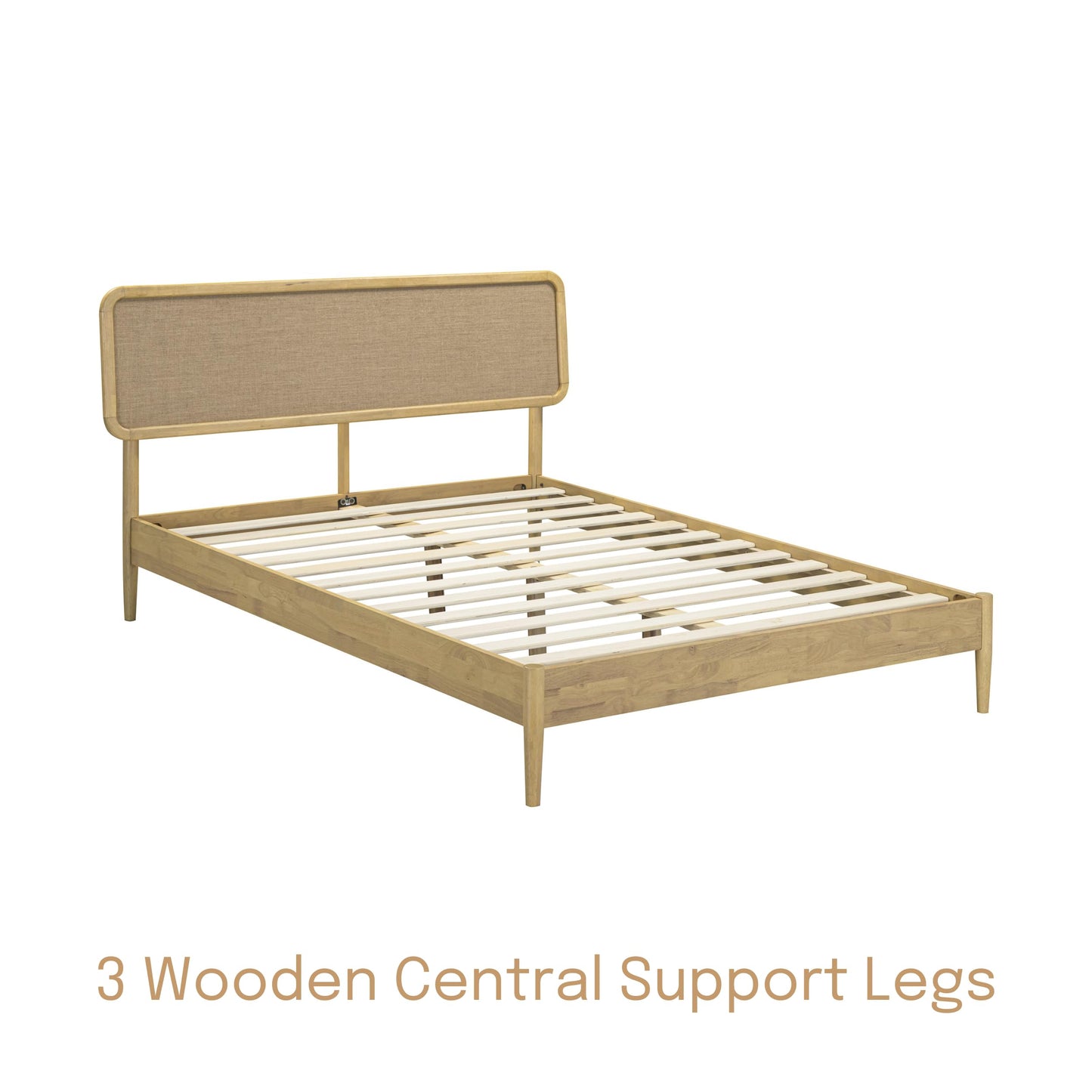 NTC Lupin Wooden Bed Frame with Headboard, Solid Oak and Rubber Wood Foundation with Silent Slats and Wood Central Supports, 1000 Lb Capacity, Queen - Sand