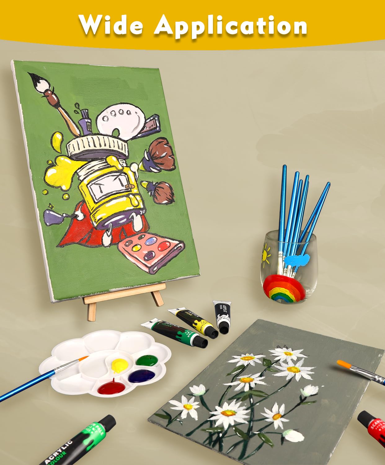 Colorful Acrylic Painting Kit - Paint Supplies Set with 24 Colors, 30 Brushes, 5 Canvases, 1 Pad, 2 Palette, 2 Sponge & 1 Wood Easel - Art Acrylic Paint Set for Beginners, Kids, Adults