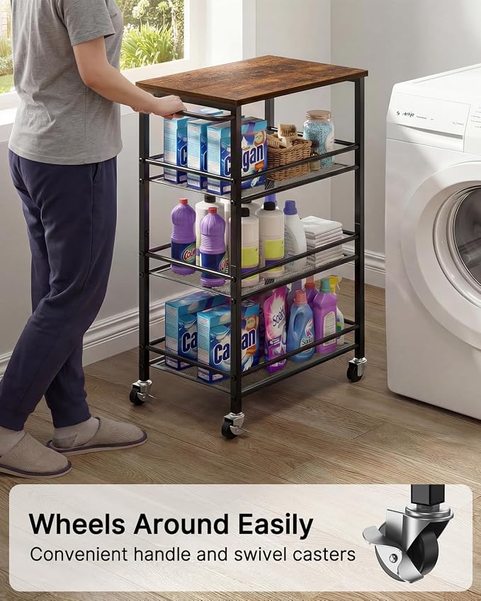 Pipishell Slim Storage Cart with Wheels, 4 Tier Rolling Bathroom Storage Cart with Handle and Wood Top, Metal Slim Kitchen Cart for Laundry Room, Bathroom, Kitchen, Narrow Space, Black & Rustic Brown