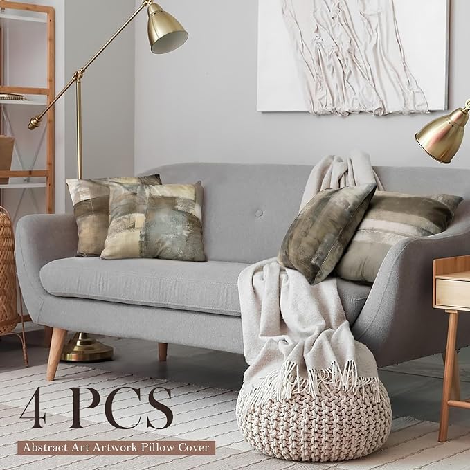 Brown Tan and Gray Throw Pillow Covers,Set of 4 20 x 20 Inch Taupe Modern Art Abstract Painting Home Decor Couch Pillow Covers Neutral Decorative for Sofa Bedroom Living Room