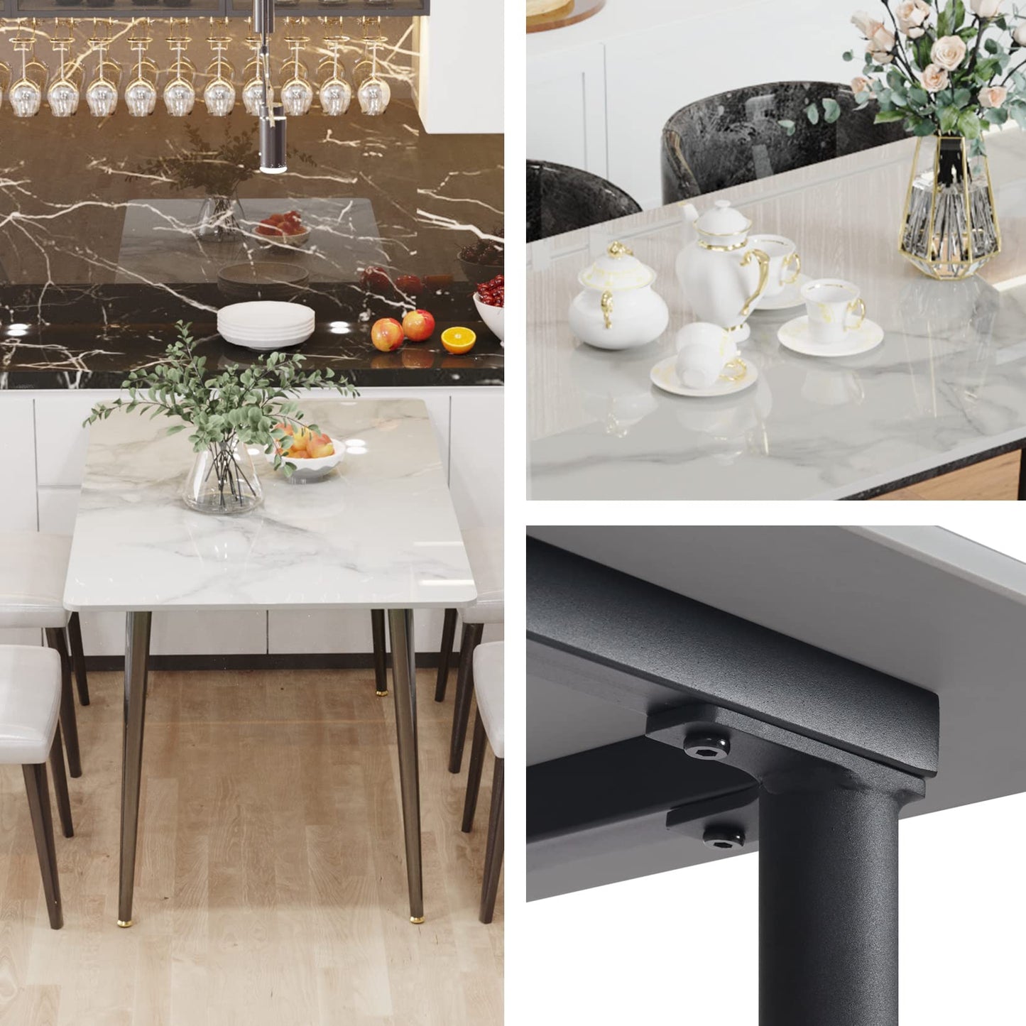 Wisfor Sintered Stone Dining Table: 32 Inch Square White Kitchen Breakfast Table with Black Metal Legs - 30 Inch High Restaurant Table for 4
