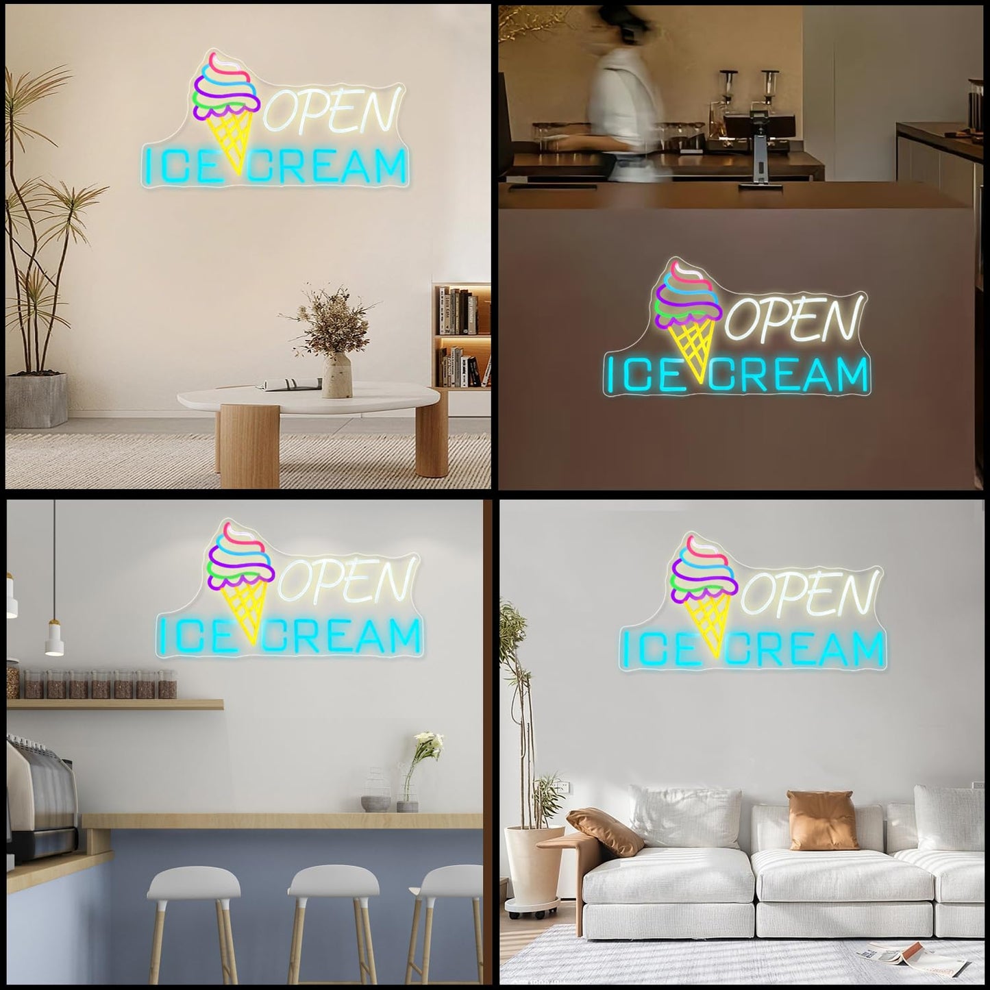 Ice Cream Sign 22.4x11'' Ice Cream Open Shop Neon Signs USB Powered Bar Sign Light Open for Snacks Business Store Cafe Drink Shop Decor Adjust Brightness