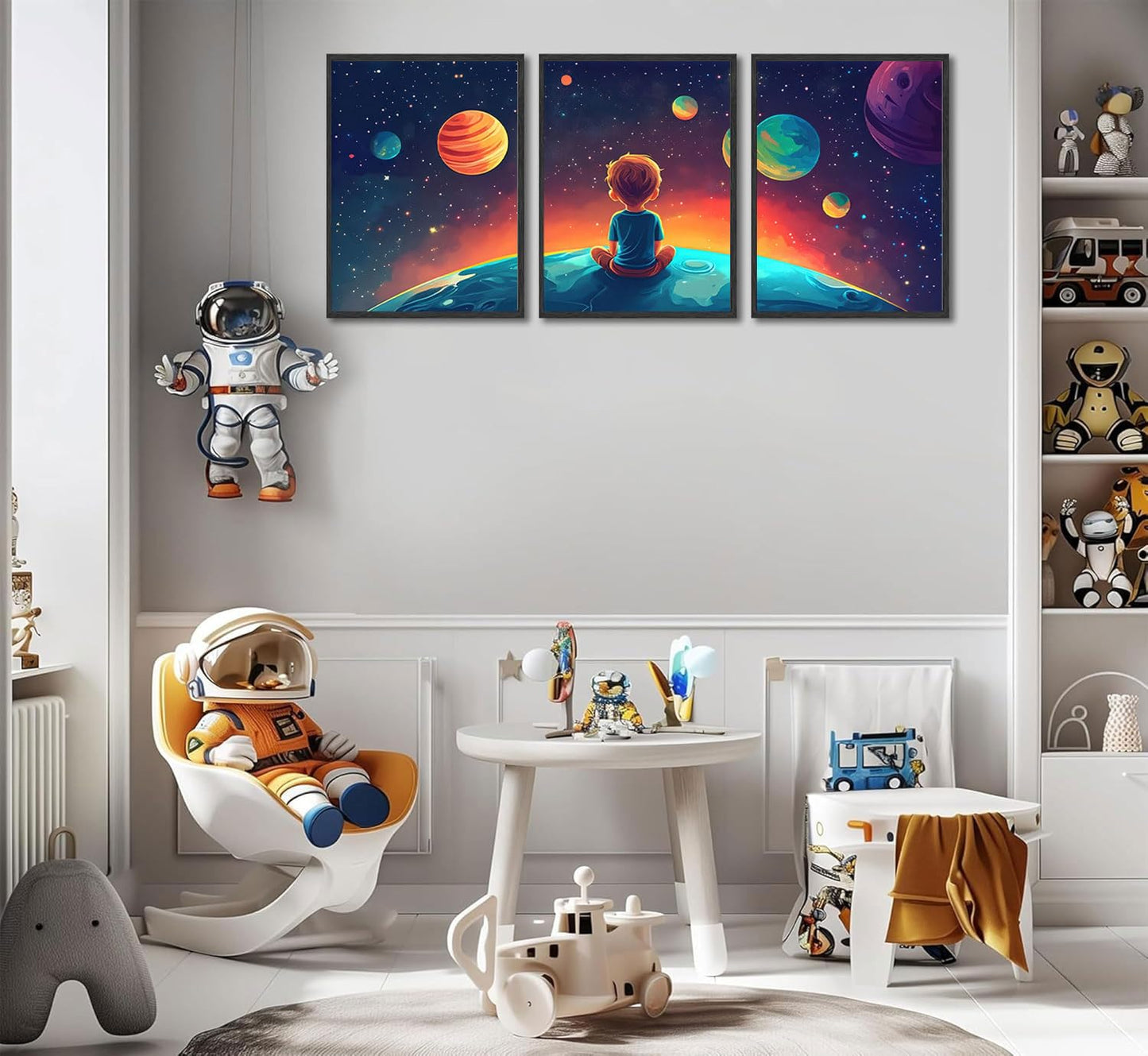 3Pcs Space Boy Wall Art Cute Inspirational Canvas Painting Space Fantasy Wall decor pictures with Planet Pattern posters Prints for Child’s Bedroom Office and Home Decoration Unframed 12x16in posters