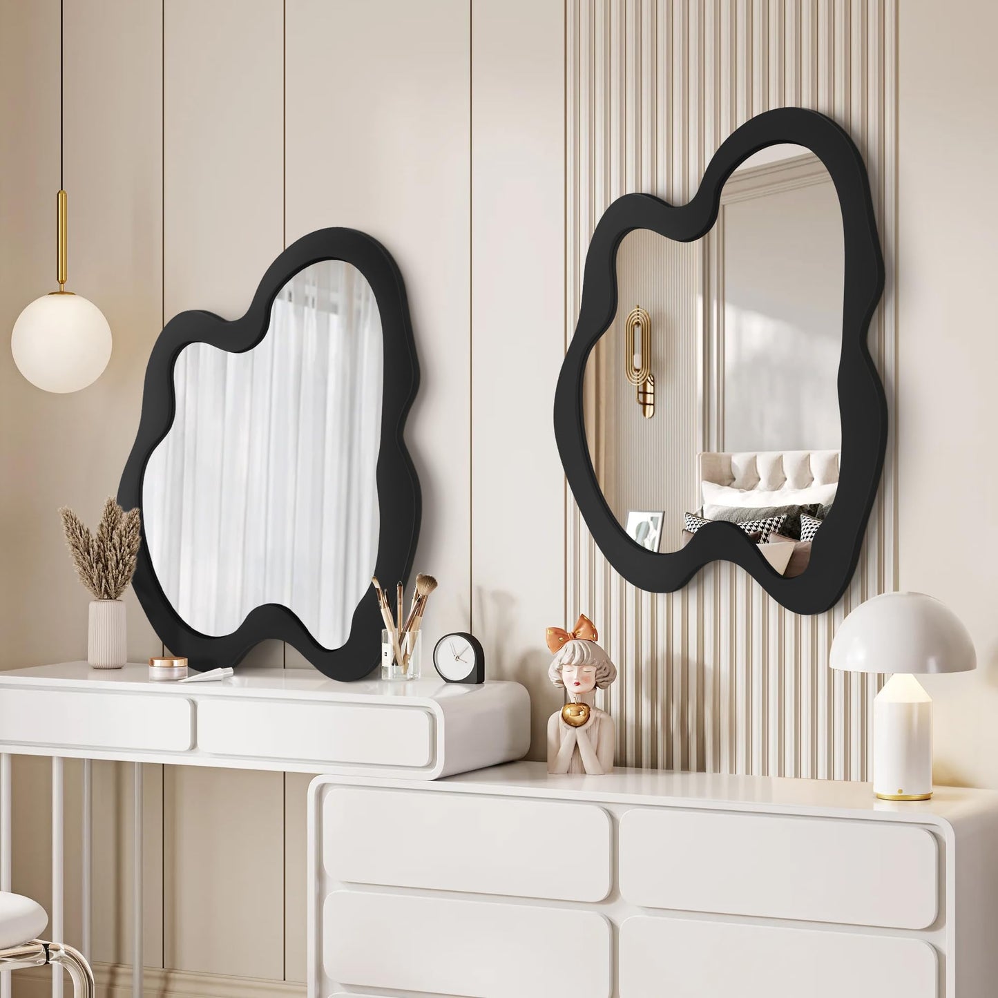 Fahomiss Irregular Wall Mirror - 20" x 28" Asymmetrical Wavy Mirror, Modern Decorative Wall Mirror with Black Wood Frame for Bedroom, Living Room, Entryway, Bathroom, Cloakroom