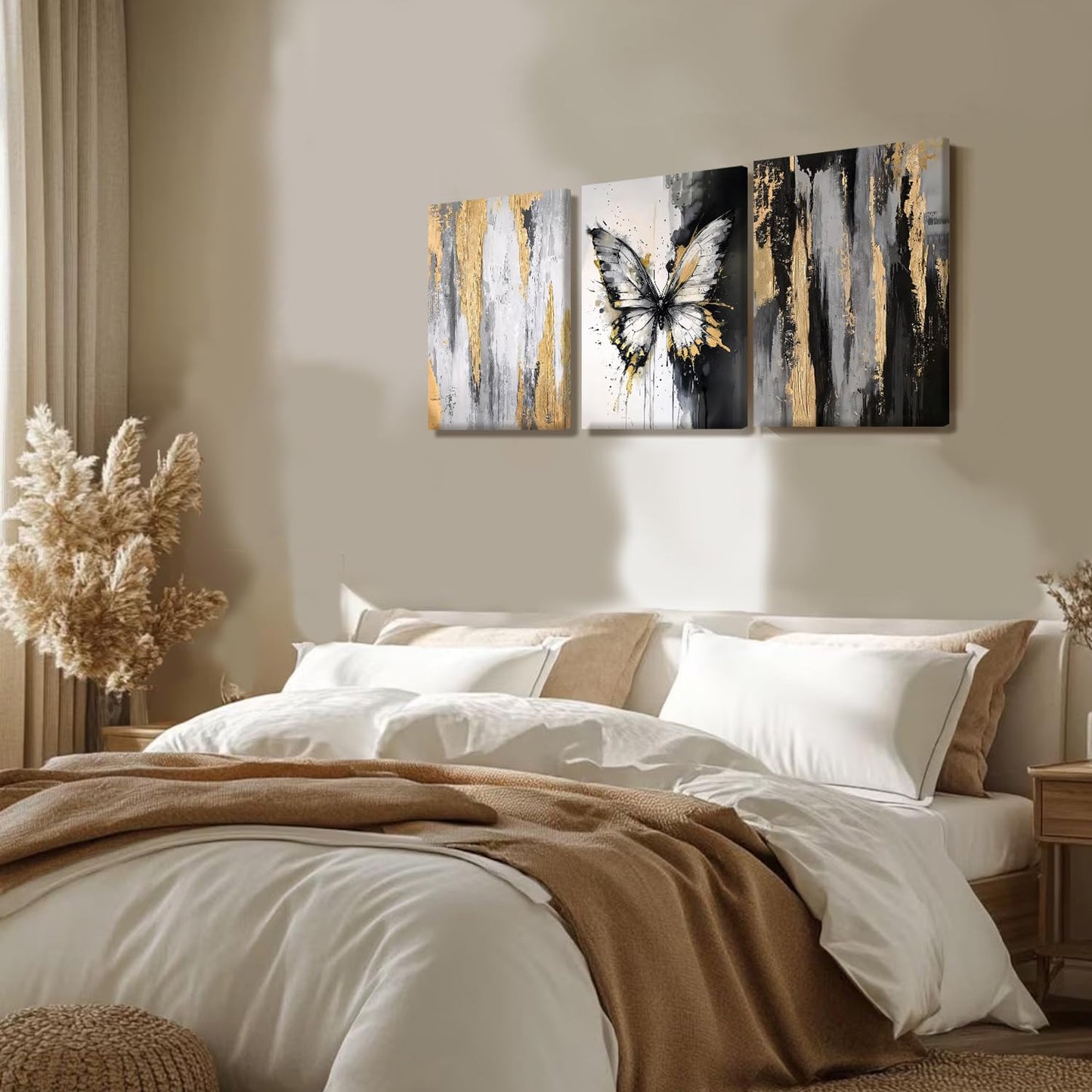 NCCXNCC 3Pcs Abstract Black and Gold Flowing Butterfly Canvas Wall Art Modern Minimalist Wall Decoration Artwork Black and White Abstract Poster Print Suitable for Living Room/Office12x16Inch Framed