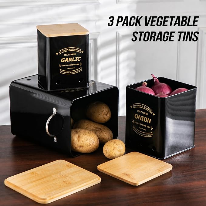 Potato Onion and Garlic Storage Bin Set of 3, Metal Kitchen Vegetable Canisters with Bamboo Lid and Aerating Holes, Stackable Kitchen Storage Tin for Countertop Pantry