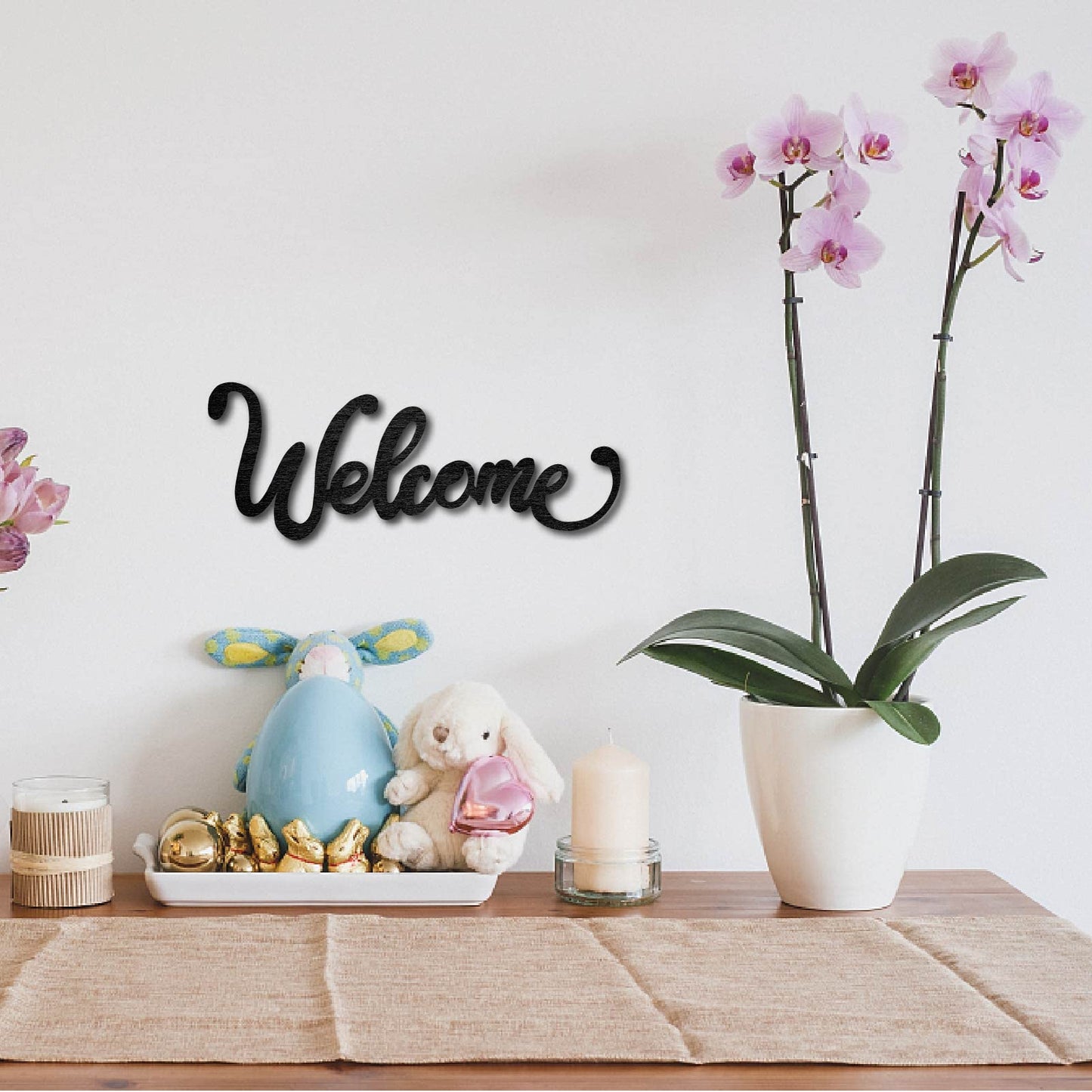 CREATCABIN Wood Cutout Welcome Sign Laser Cut Wooden Wall Decor Sculpture Hanging Decor Wall Art Decoration for Home Gallery Office Front Door Black 12 x 4.5 inch