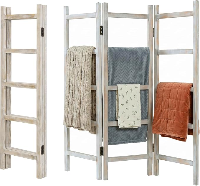 Blanket Ladder,59" H Wood Blanket Ladder for Living Room, Decorative Quilt dispaly Rack, Free Standing and Folding Towel Rack for Bathroom,Whitewashed.