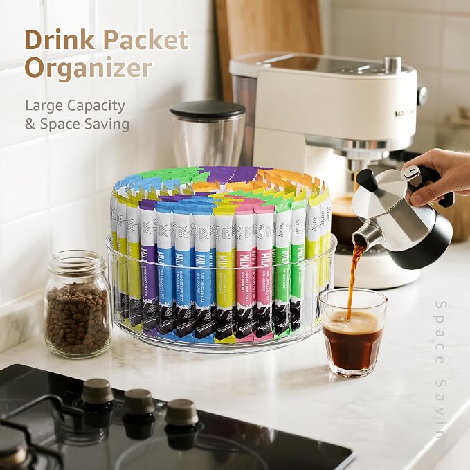 Divided Drink Packet Organizer, Largr Rotating Clear Lazy Susan Turntable for Powdered Drink Mix, Water Drink Packet Holder, Water Flavor Packet, Coffee, Tea – Space-Saving Countertop Organizer