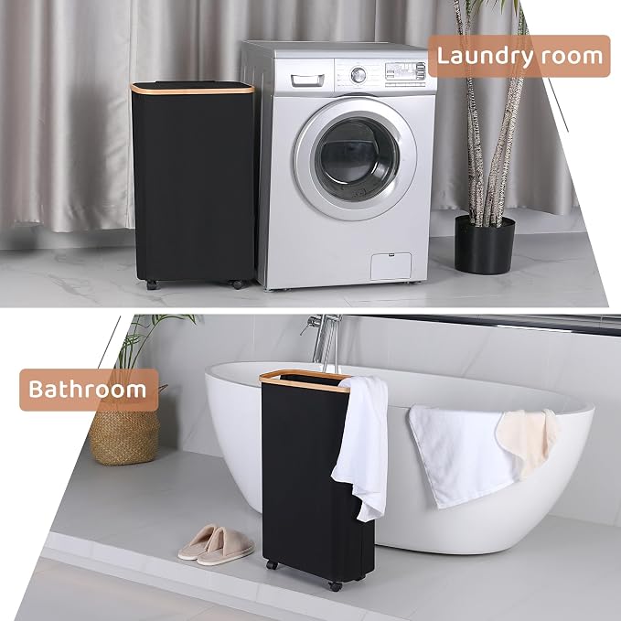 Slim Laundry Basket with Wheels,Narrow Hampers for Laundry,Freestanding Laundry Hamper with Lid&Bamboo Handles,Collapsible & Waterproof Tall Cloth Hamper for Dorm Family(60L Black)
